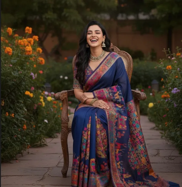 Craftique_Kashmir_Designer_Saree_And_Blouse_Set_Premium_Cotton_Self_Woven_Kalamkaari_Royal_Blue_Coloured_Default_Title