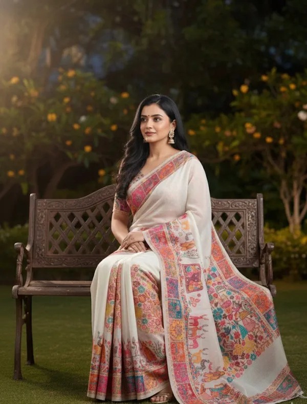 Craftique_Kashmir_Designer_Saree_And_Blouse_Set_Premium_Cotton_Self_Woven_Kalamkaari_Premium_White_Coloured_Default_Title