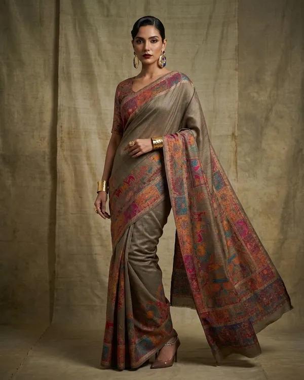 Craftique_Kashmir_Designer_Saree_And_Blouse_Set_Premium_Cotton_Self_Woven_Kalamkaari_Grey_Coloured_Default_Title