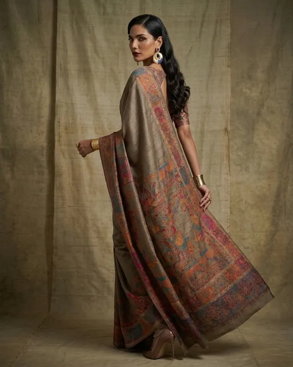Craftique_Kashmir_Designer_Saree_And_Blouse_Set_Premium_Cotton_Self_Woven_Kalamkaari_Grey_Coloured_Default_Title