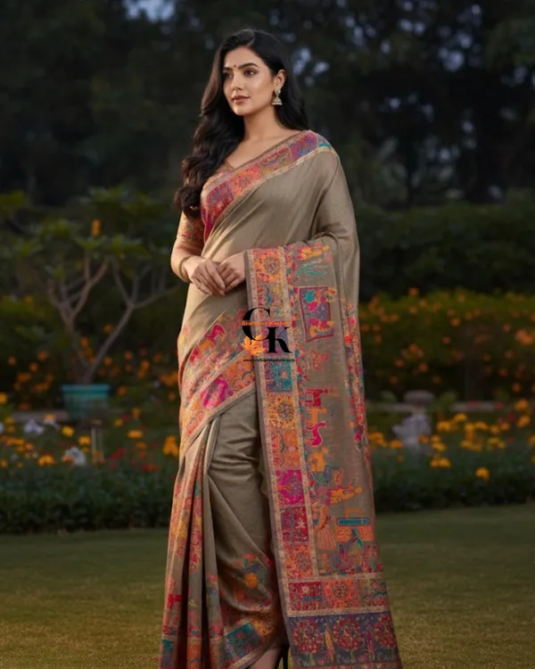 Craftique_Kashmir_Designer_Saree_And_Blouse_Set_Premium_Cotton_Self_Woven_Kalamkaari_Grey_Coloured_Default_Title