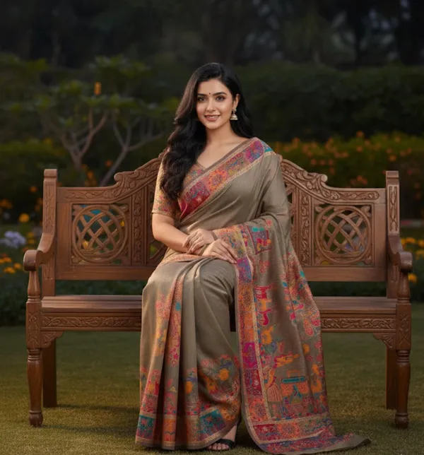 Craftique_Kashmir_Designer_Saree_And_Blouse_Set_Premium_Cotton_Self_Woven_Kalamkaari_Grey_Coloured_Default_Title