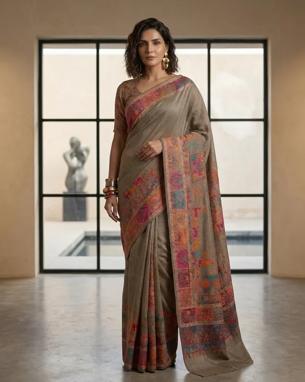 Craftique_Kashmir_Designer_Saree_And_Blouse_Set_Premium_Cotton_Self_Woven_Kalamkaari_Grey_Coloured_Default_Title