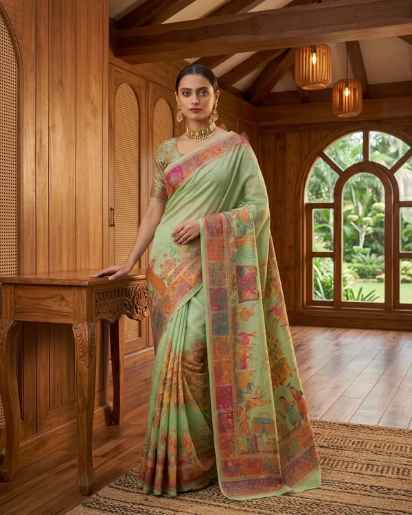 Craftique_Kashmir_Designer_Saree_And_Blouse_Set_Premium_Cotton_Self_Woven_Kalamkaari_Pista_Green_Coloured_Default_Title