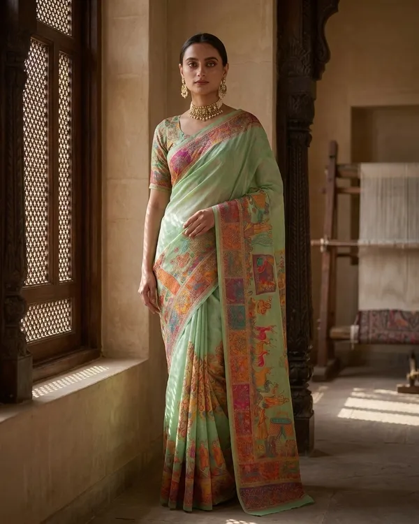 Craftique_Kashmir_Designer_Saree_And_Blouse_Set_Premium_Cotton_Self_Woven_Kalamkaari_Pista_Green_Coloured_Default_Title