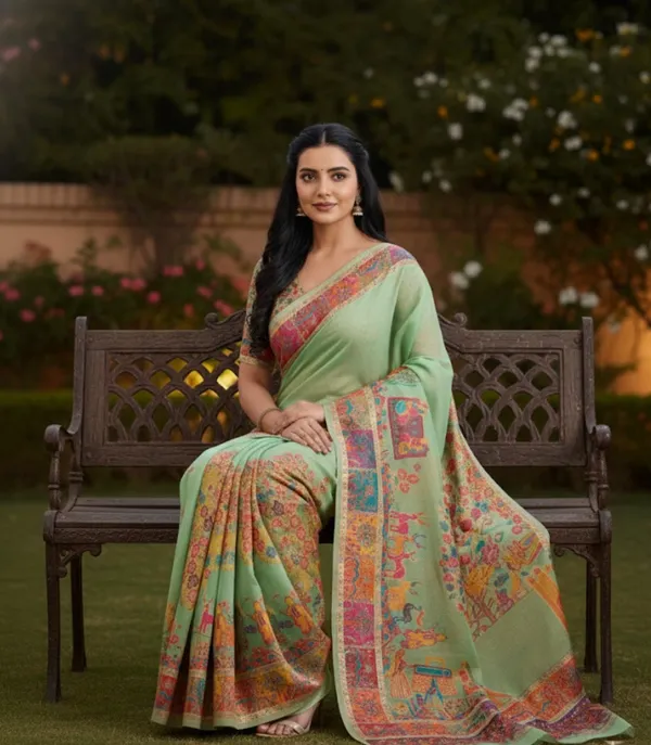 Craftique_Kashmir_Designer_Saree_And_Blouse_Set_Premium_Cotton_Self_Woven_Kalamkaari_Pista_Green_Coloured_Default_Title
