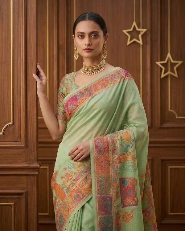 Craftique_Kashmir_Designer_Saree_And_Blouse_Set_Premium_Cotton_Self_Woven_Kalamkaari_Pista_Green_Coloured_Default_Title