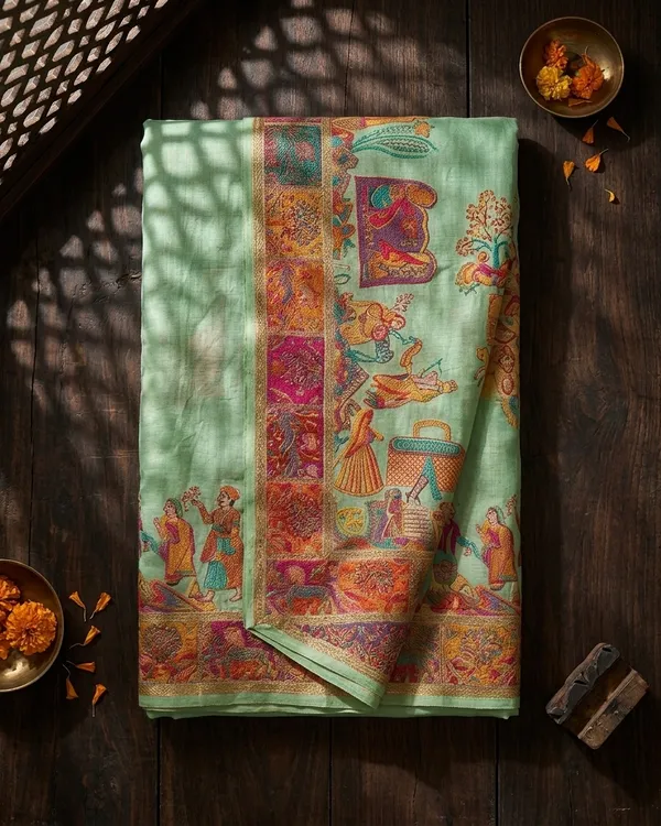 Craftique_Kashmir_Designer_Saree_And_Blouse_Set_Premium_Cotton_Self_Woven_Kalamkaari_Pista_Green_Coloured_Default_Title