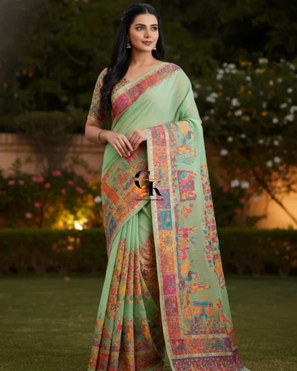 Craftique_Kashmir_Designer_Saree_And_Blouse_Set_Premium_Cotton_Self_Woven_Kalamkaari_Pista_Green_Coloured_Default_Title