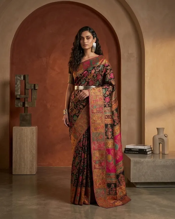 Craftique_Kashmir_Designer_Saree_And_Blouse_Set_Premium_Cotton_Self_Woven_Kalamkaari_Black_Colorful_Motifs_Default_Title