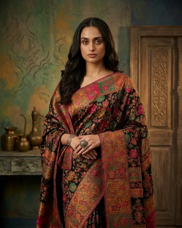 Craftique_Kashmir_Designer_Saree_And_Blouse_Set_Premium_Cotton_Self_Woven_Kalamkaari_Black_Colorful_Motifs_Default_Title