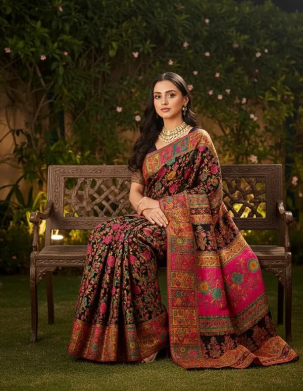 Craftique_Kashmir_Designer_Saree_And_Blouse_Set_Premium_Cotton_Self_Woven_Kalamkaari_Black_Colorful_Motifs_Default_Title