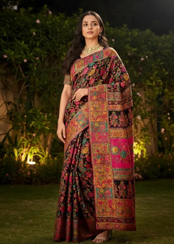 Craftique_Kashmir_Designer_Saree_And_Blouse_Set_Premium_Cotton_Self_Woven_Kalamkaari_Black_Colorful_Motifs_Default_Title