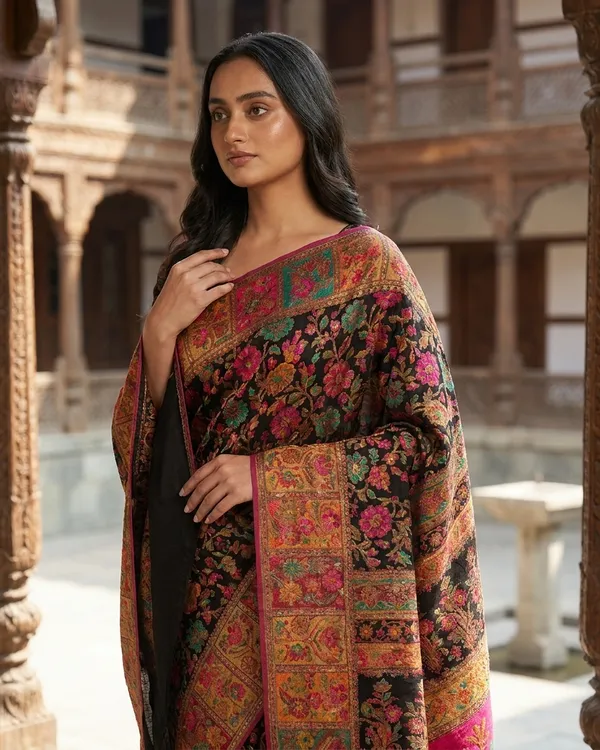 Craftique_Kashmir_Designer_Saree_And_Blouse_Set_Premium_Cotton_Self_Woven_Kalamkaari_Black_Colorful_Motifs_Default_Title