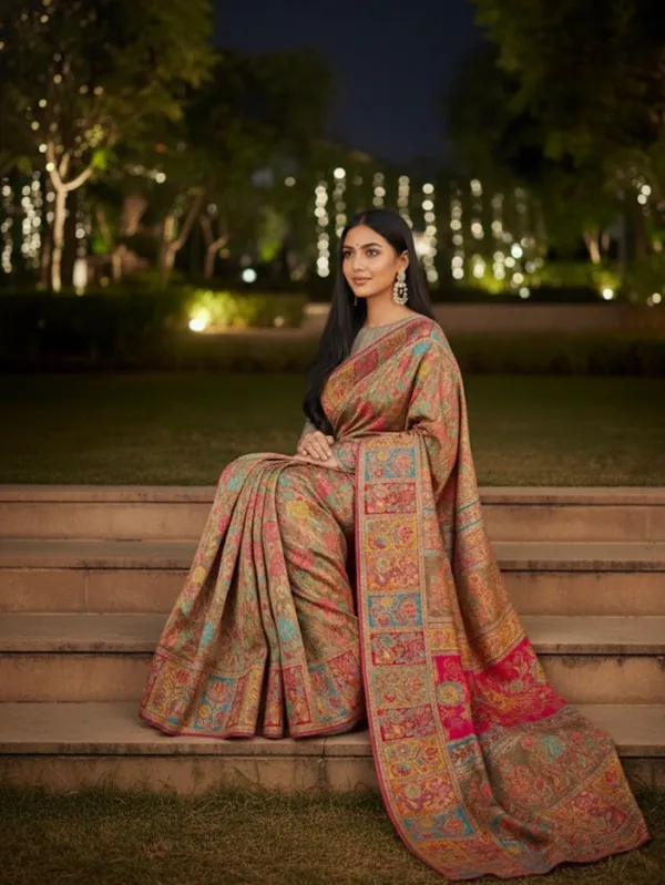 Craftique_Kashmir_Designer_Saree_And_Blouse_Set_Premium_Cotton_Self_Woven_Kalamkaari_Grey_Colorful_Motifs_Default_Title