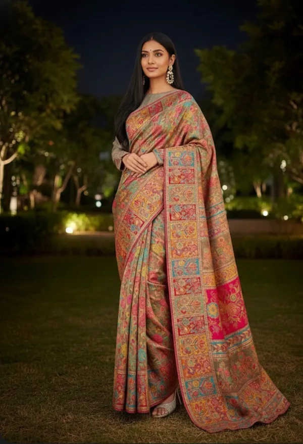 Craftique_Kashmir_Designer_Saree_And_Blouse_Set_Premium_Cotton_Self_Woven_Kalamkaari_Grey_Colorful_Motifs_Default_Title