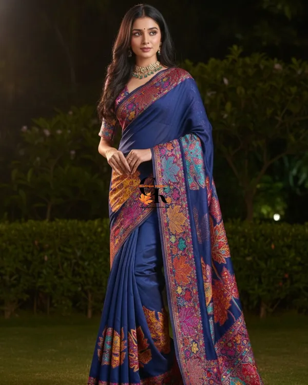 Craftique_Kashmir_Designer_Saree_And_Blouse_Set_Premium_Cotton_Self_Woven_Chinar_Embroidery_Royal_Blue_Coloured_Default_Title