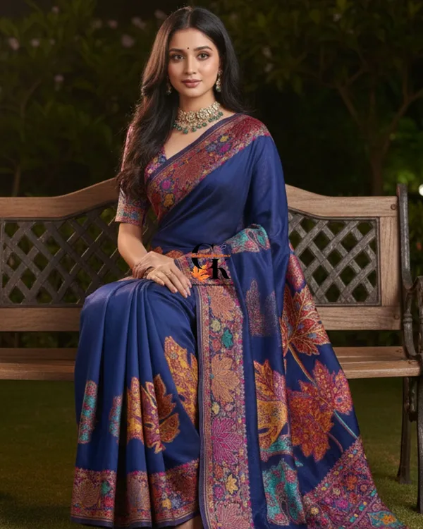 Craftique_Kashmir_Designer_Saree_And_Blouse_Set_Premium_Cotton_Self_Woven_Chinar_Embroidery_Royal_Blue_Coloured_Default_Title