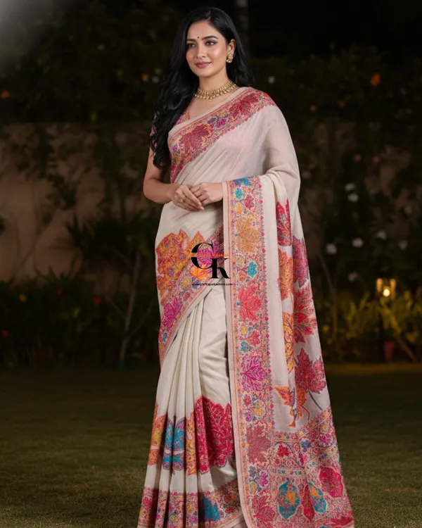 Craftique_Kashmir_Designer_Saree_And_Blouse_Set_Premium_Cotton_Self_Woven_Chinar_Embroidery_Pure_White_Coloured_Default_Title
