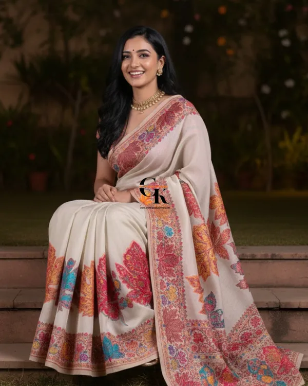 Craftique_Kashmir_Designer_Saree_And_Blouse_Set_Premium_Cotton_Self_Woven_Chinar_Embroidery_Pure_White_Coloured_Default_Title