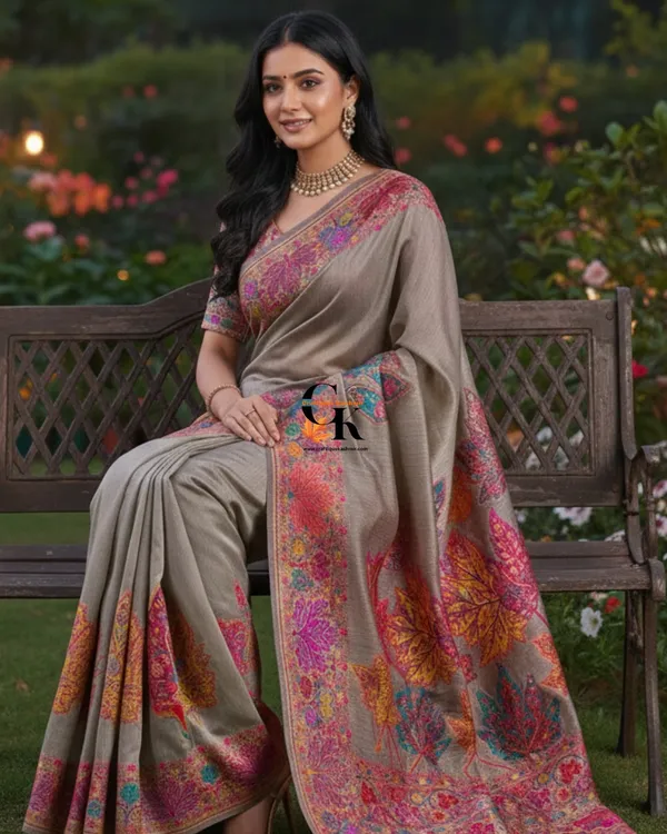Craftique_Kashmir_Designer_Saree_And_Blouse_Set_Premium_Cotton_Self_Woven_Chinar_Embroidery_Elegant_Grey_Coloured_Default_Title