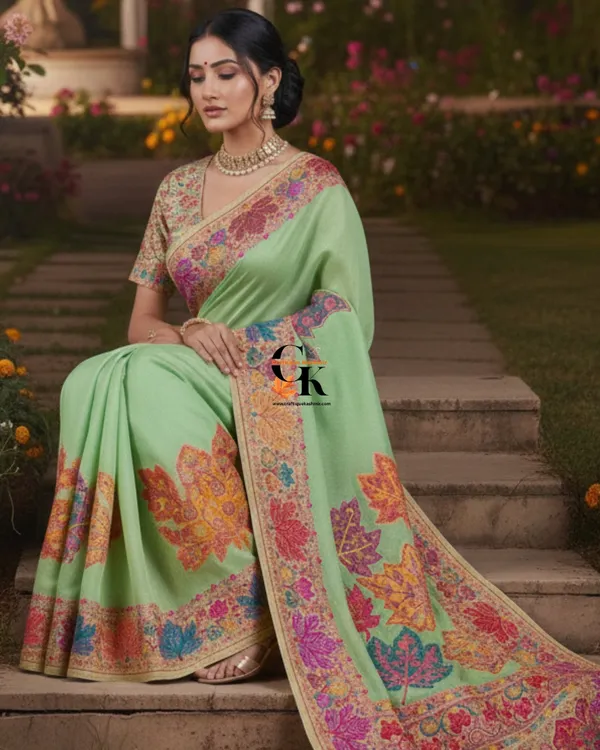 Craftique_Kashmir_Designer_Saree_And_Blouse_Set_Premium_Cotton_Self_Woven_Chinar_Embroidery_Pista_Green_Coloured_Default_Title