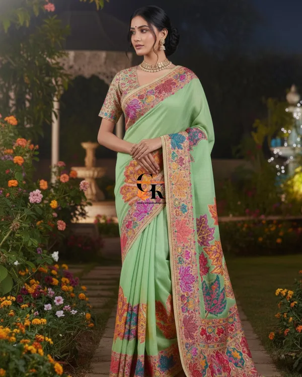 Craftique_Kashmir_Designer_Saree_And_Blouse_Set_Premium_Cotton_Self_Woven_Chinar_Embroidery_Pista_Green_Coloured_Default_Title
