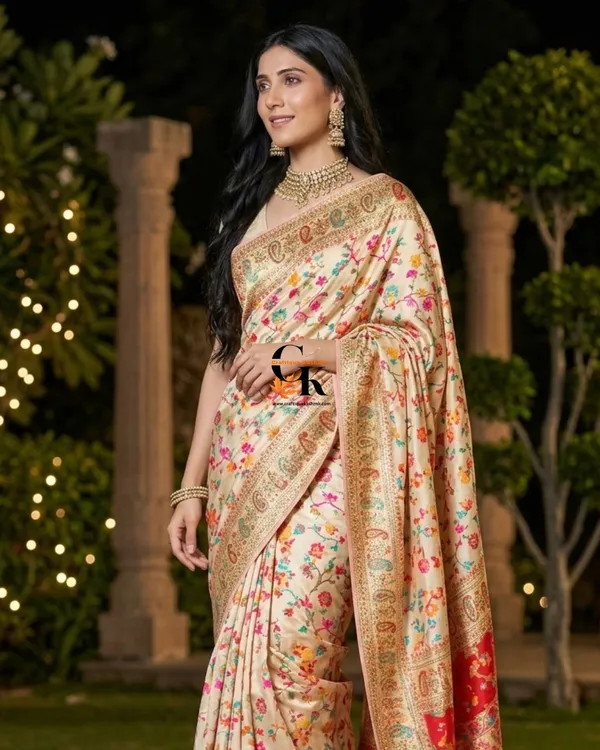 Craftique_Kashmir_Ethereal_Ivory_Floral_Silk_Saree_With_Vibrant_Contrast_Border_And_Blouse_Set_Default_Title