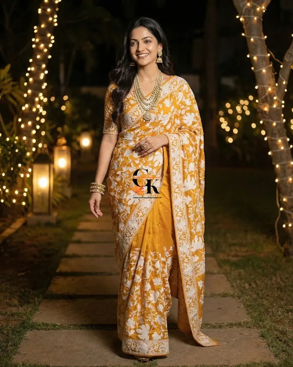 Designer_Georgette_Saree_And_Blouse_Set_Aari_Embroidered_Yellow_Base_White_Embroidered_Motifs_Default_Title
