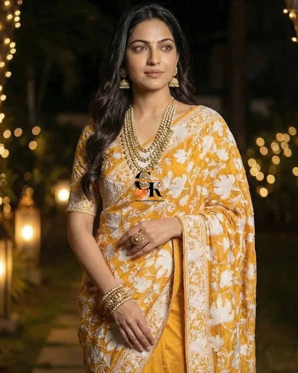 Designer_Georgette_Saree_And_Blouse_Set_Aari_Embroidered_Yellow_Base_White_Embroidered_Motifs_Default_Title