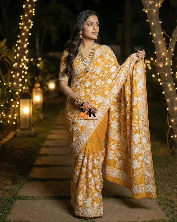 Designer_Georgette_Saree_And_Blouse_Set_Aari_Embroidered_Yellow_Base_White_Embroidered_Motifs_Default_Title