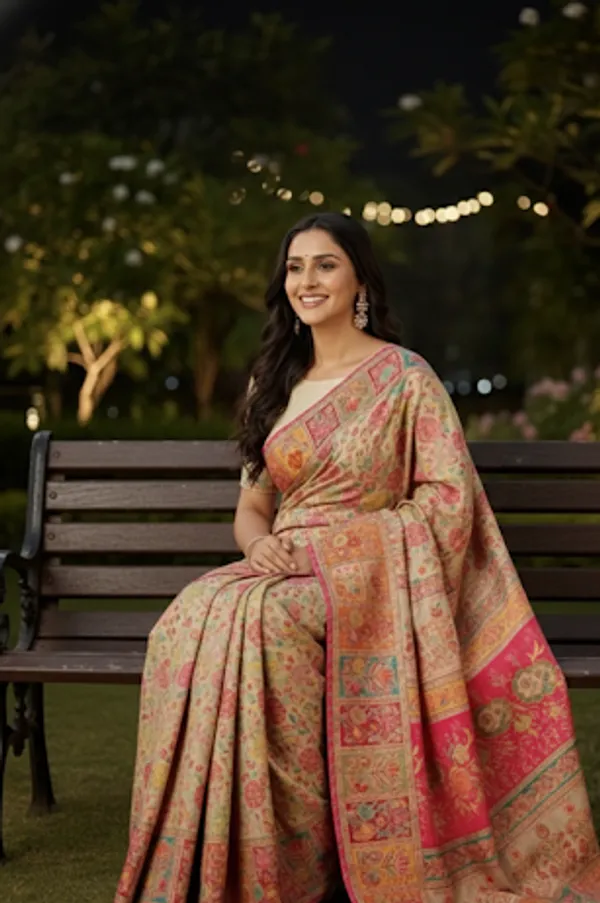 Craftique_Kashmir_Designer_Saree_And_Blouse_Set_Premium_Cotton_Self_Woven_Kalamkaari_White_Pink_Colorful_Motifs_Default_Title
