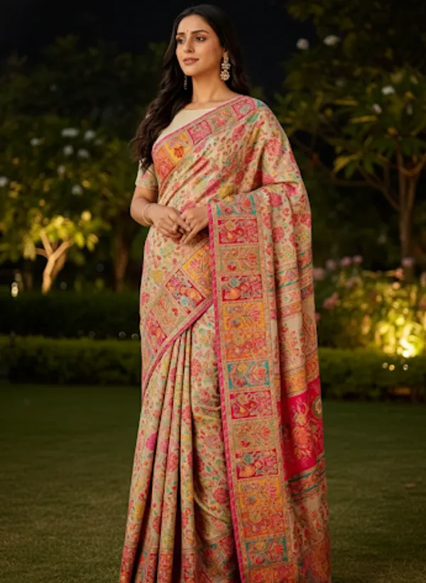 Craftique_Kashmir_Designer_Saree_And_Blouse_Set_Premium_Cotton_Self_Woven_Kalamkaari_White_Pink_Colorful_Motifs_Default_Title