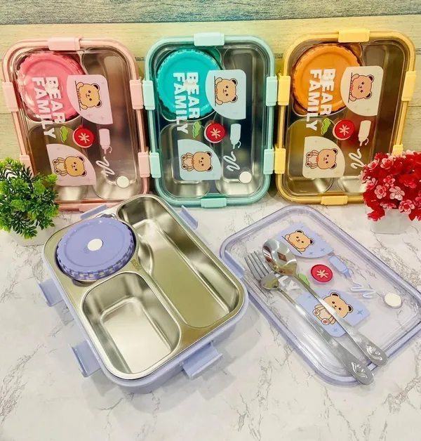 Bear_Family_Bento_Stainless_Steel_Lunch_Box_with_2_Chopsticks_and_1_Spoon,_22_*_16_*_6_cm_(Yellow)_2408_3-Compartment
