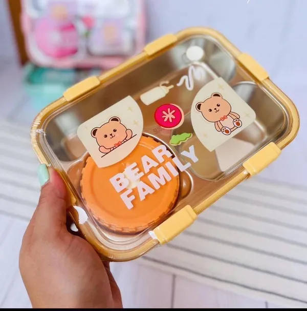 Bear_Family_Bento_Stainless_Steel_Lunch_Box_with_2_Chopsticks_and_1_Spoon,_22_*_16_*_6_cm_(Yellow)_2408_3-Compartment