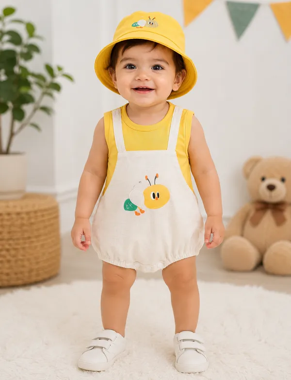 Baby_Unisex_Yellow_Bee_Appliqué_Cotton_Romper_with_Matching_Bucket_Hat