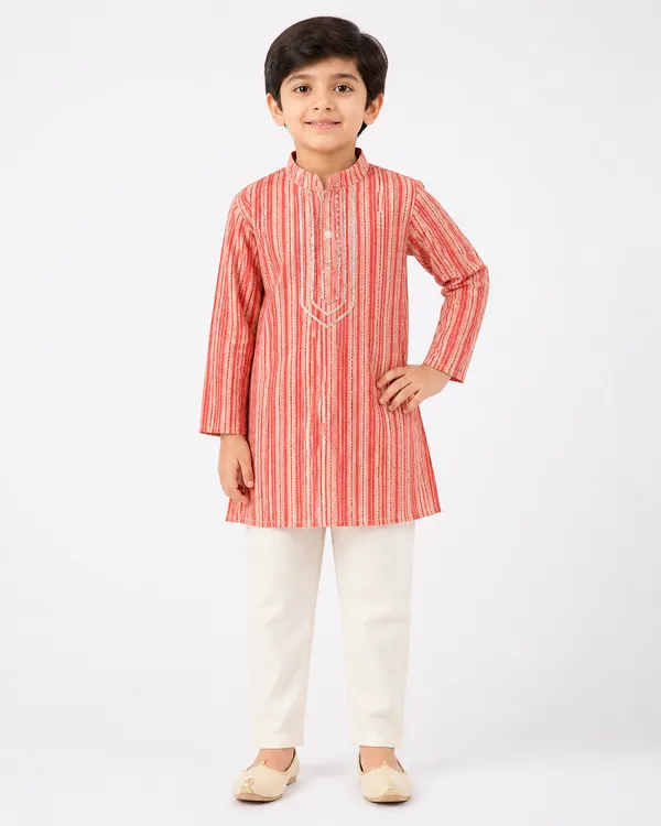 Boys_Red_Striped_Kurta_Pajama_Set_With_Embroidered_Placket