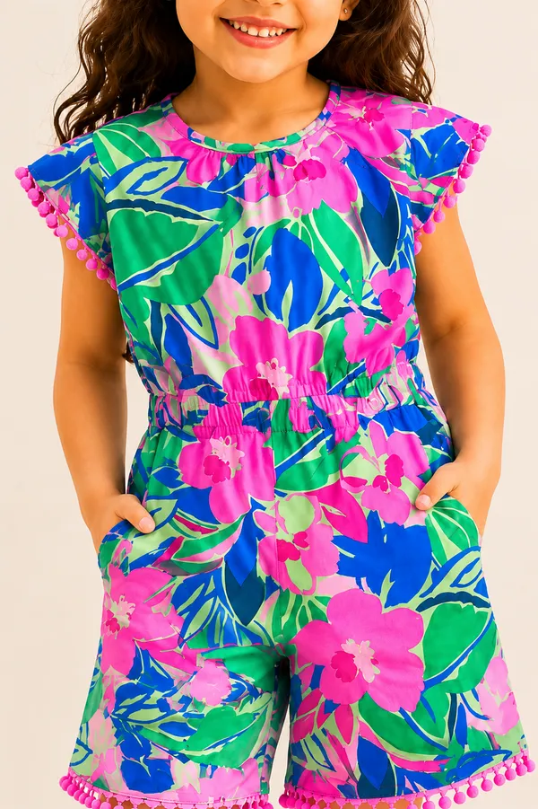 Girls_Tropical_Bloom_Floral_Cotton_Jumpsuit_With_Pink_Pom-Pom_Lace_Let_Your_Little_One_Shine_In_Vibrant_Summer_Style_With_Tropical_Print_Jumpsuit