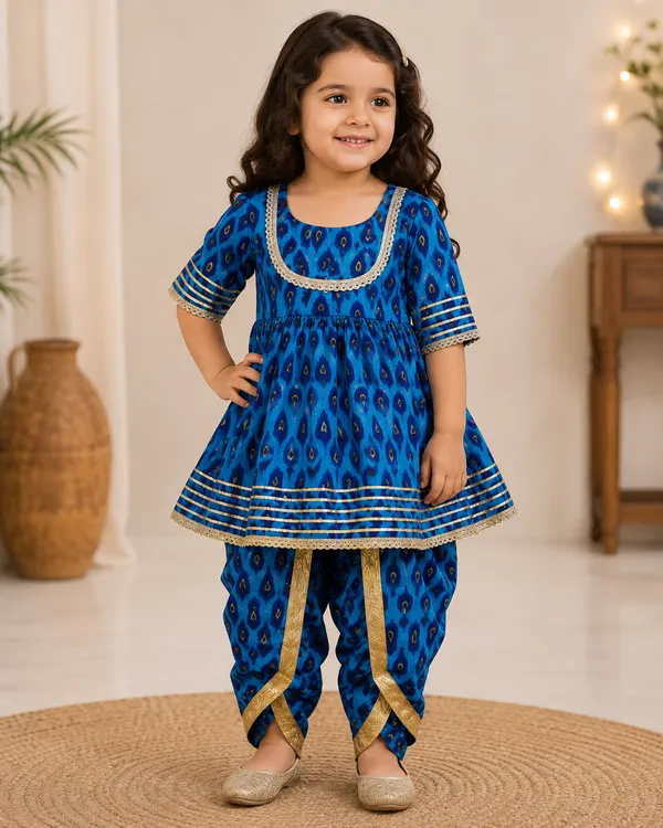 Girls_Blue_Ikat_Printed_Kurta_Dress_with_Dhoti_Pants_&_Gold_Border_–_Festive_Ethnic_Set