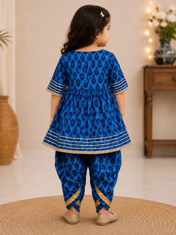 Girls_Blue_Ikat_Printed_Kurta_Dress_with_Dhoti_Pants_&_Gold_Border_–_Festive_Ethnic_Set