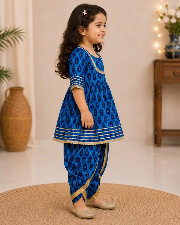 Girls_Blue_Ikat_Printed_Kurta_Dress_with_Dhoti_Pants_&_Gold_Border_–_Festive_Ethnic_Set