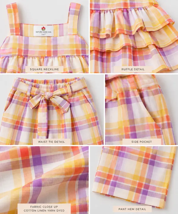 Girls_Checked_Ruffle_Top_&_Wide-Leg_Pants_Co-ord_Set_in_Cotton_Linen_Yarn_Dyed