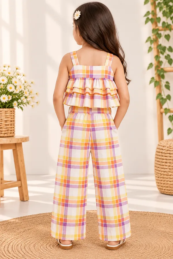 Girls_Checked_Ruffle_Top_&_Wide-Leg_Pants_Co-ord_Set_in_Cotton_Linen_Yarn_Dyed
