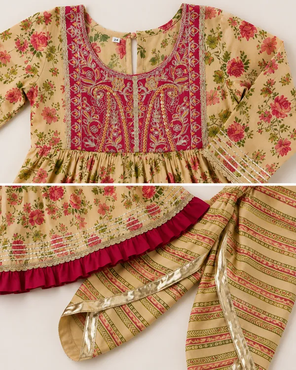 Girls_Cream_Floral_Printed_Anarkali_Kurta_&_Dhoti_Pants_Set_with_Embroidered_Yoke_–_Festive_Ethnic_Wear