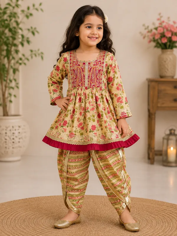 Girls_Cream_Floral_Printed_Anarkali_Kurta_&_Dhoti_Pants_Set_with_Embroidered_Yoke_–_Festive_Ethnic_Wear