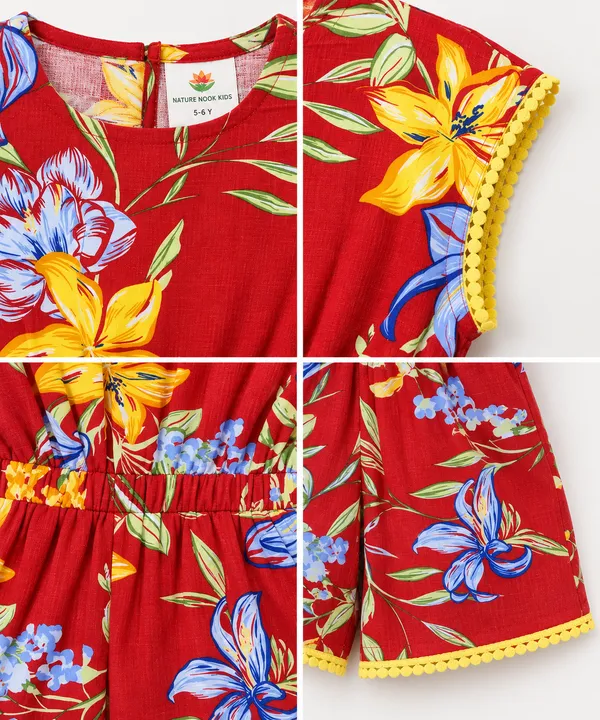 Girls_Floral_Printed_Cotton_Linen_Romper_with_Yellow_Pom-Pom_Trim