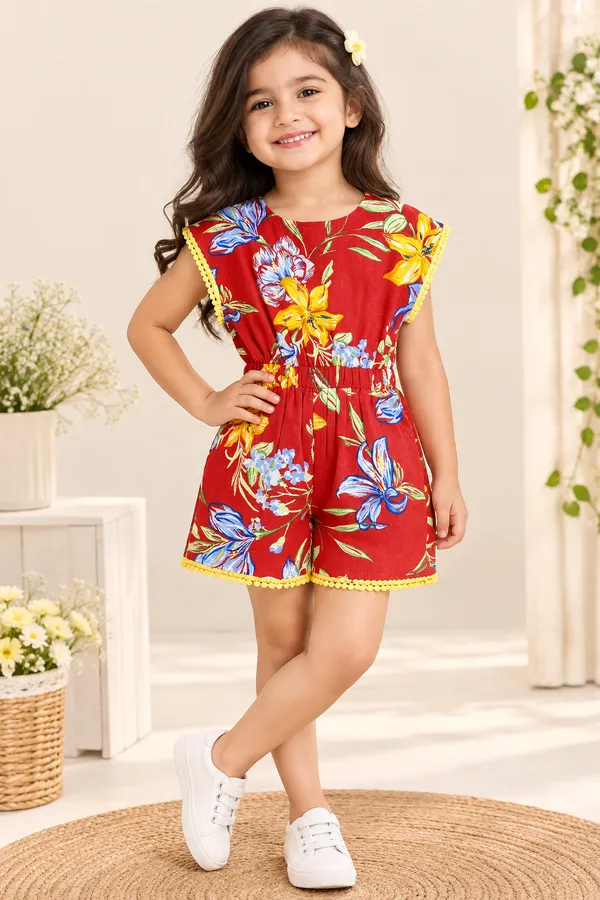 Girls_Floral_Printed_Cotton_Linen_Romper_with_Yellow_Pom-Pom_Trim