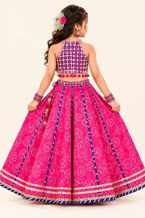 Girls_Magenta_Pink_&_Navy_Blue_Printed_Lehenga_Choli_Set_with_Golden_Border_&_Pom-Pom_Tassels