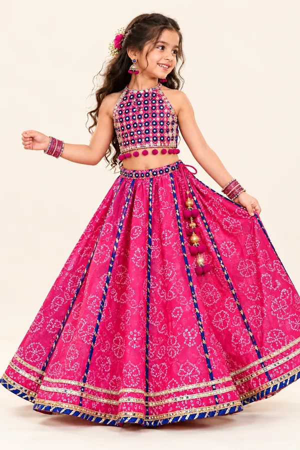 Girls_Magenta_Pink_&_Navy_Blue_Printed_Lehenga_Choli_Set_with_Golden_Border_&_Pom-Pom_Tassels