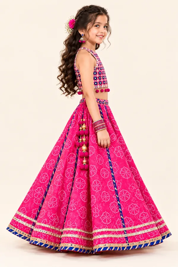 Girls_Magenta_Pink_&_Navy_Blue_Printed_Lehenga_Choli_Set_with_Golden_Border_&_Pom-Pom_Tassels